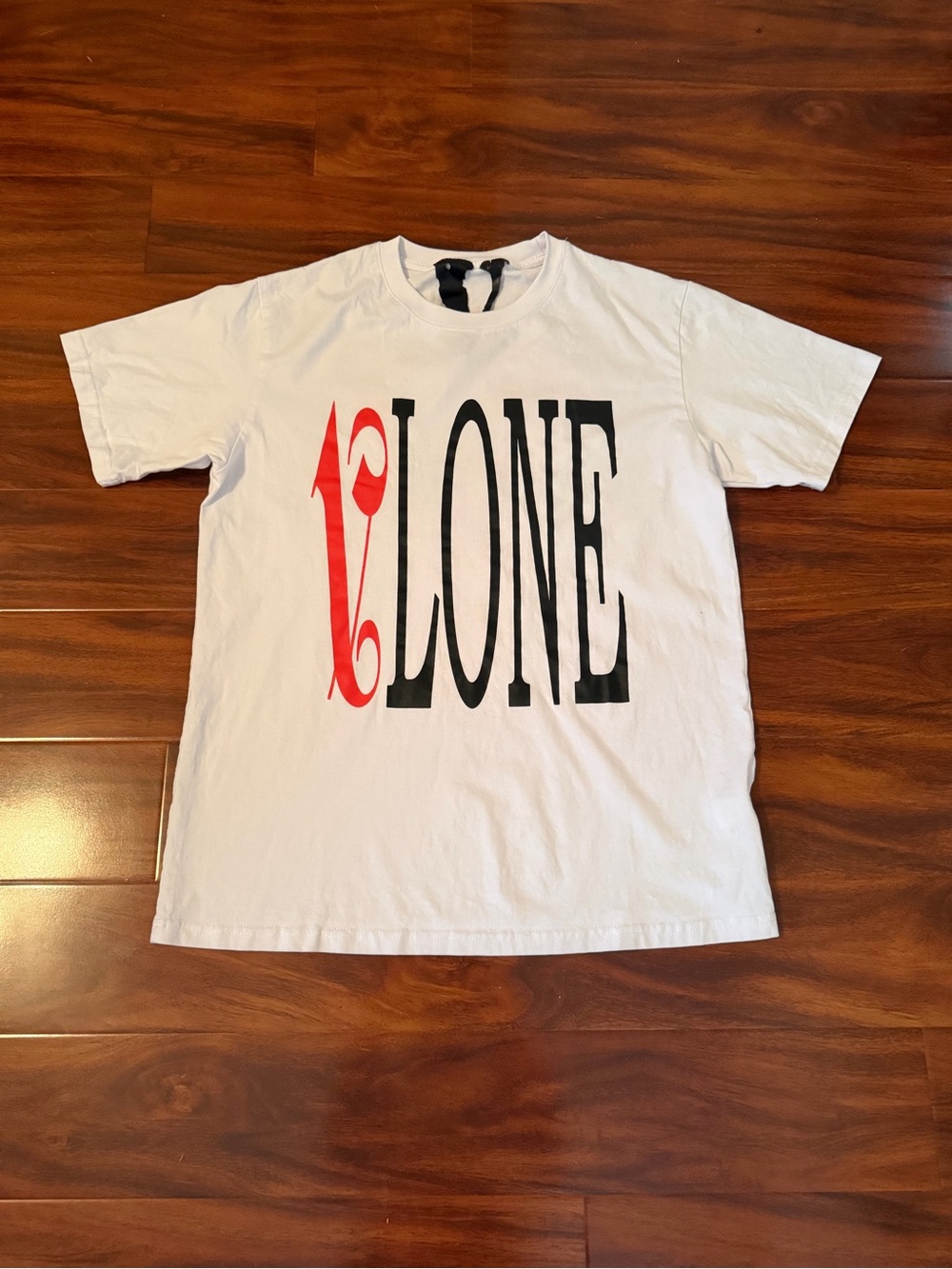 VLONE White Tee with Black Branded Neck Tape